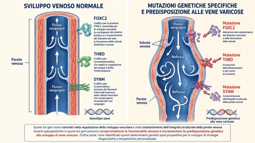 Limmagine illustra il coinvolgimento di tre geni fondamentali per lo sviluppo ed il mantenimento di una parete venosa sana e cosa accade quando una mutazione modifica quei geni
