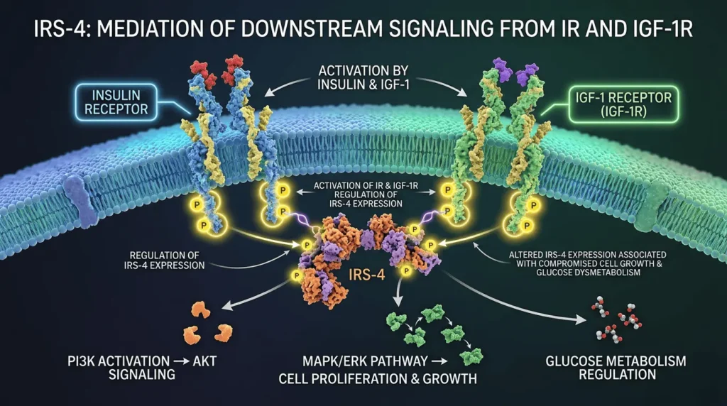 Lo schema illustra il meccanismo d'azione dell'Insulin Receptor Substrate IRS-4 come mediatore di segnali nel citoplasma