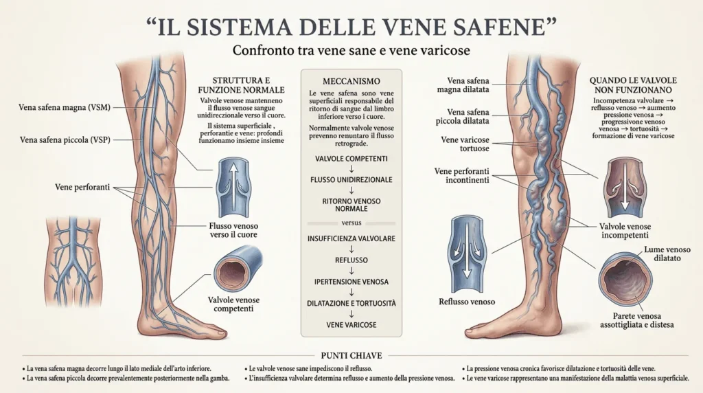 L'immagine illustra il sistema sano delle vene Grande e Piccola Safena, confrontandolo con quello affetto da vene varicose