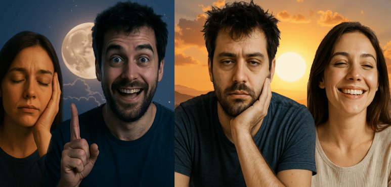 Immagine esplicativa dei due diversi cronotipi, allodola e gufo, e dei rispettivi comportamenti di mattina o di sera