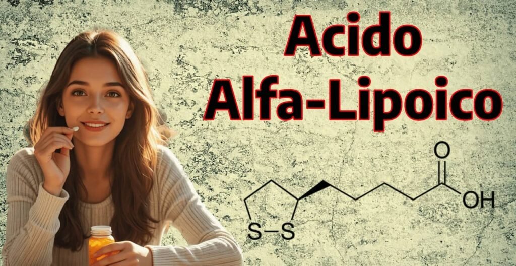 Immagine che illustra la formula molecolare dell'acido alfa-lipoico ed una ragazza che ha in mano una capsula di integratore