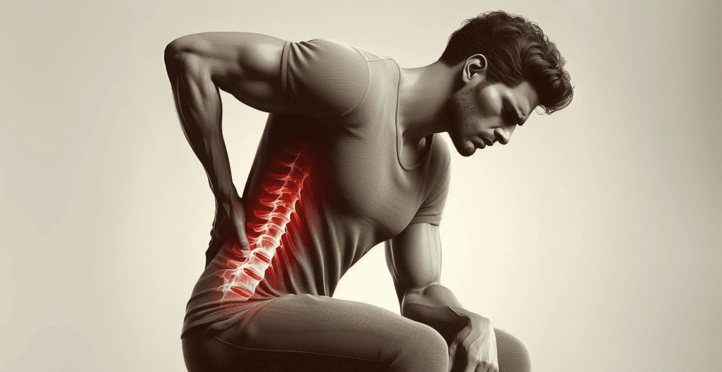 Immagine che illustra un uomo che si tocca la schiena dolorante, con la colonna vertebrale che si vede in trasparenza