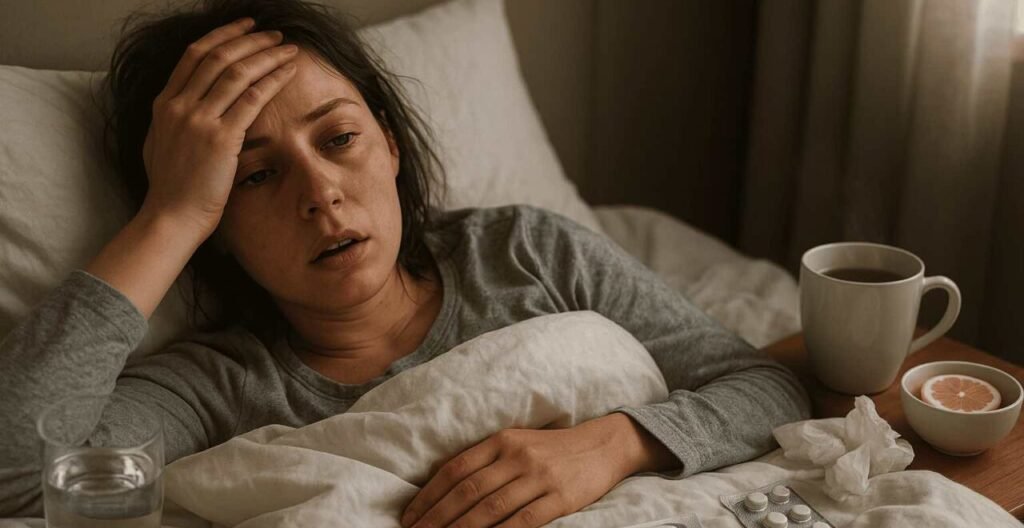 Immagine che illustra una giovane donna a letto con l'influenza, con le guance arrossate, gli occhi lucidi e cerchiati e i capelli scompigliati