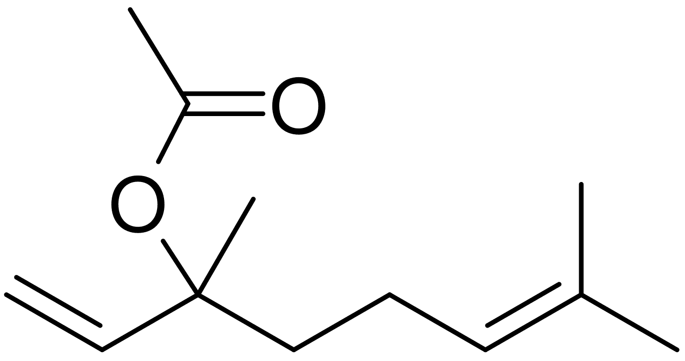 Immagine che illustra la struttura chimica dell'acetato di linalile, principale costituente dell'olio essenziale di lavanda