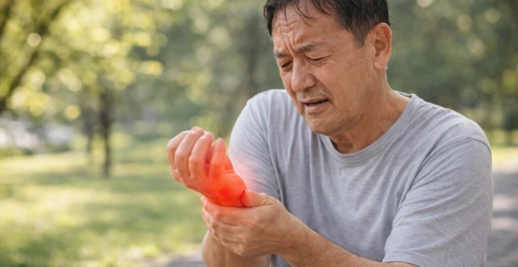 Immagine che illustra un anziano che si massaggia un polso dolorante per l'artrite, Il dolore è simboleggiato dal rosso del polso