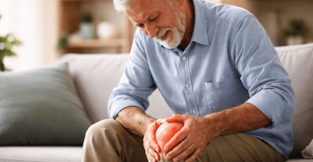 Immagine che illustra un anziano che si massaggia un ginocchio dolorante per l'artrosi, Il dolore è simboleggiato dal rosso del ginocchio