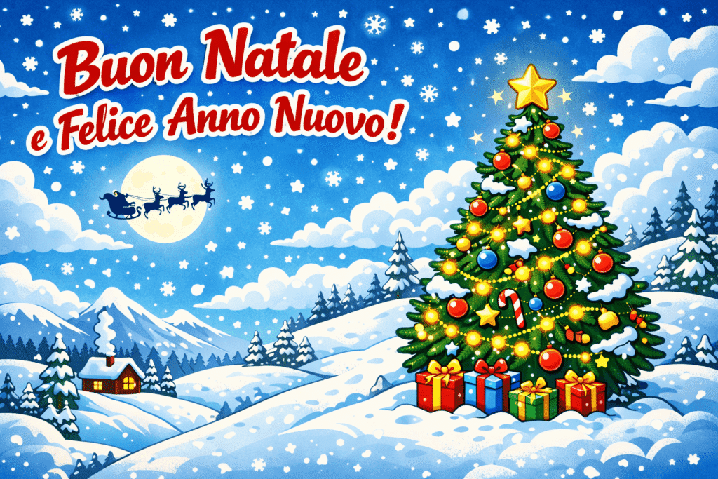 l'immagine illustra un paesaggio innevato sotto un cielo di stelle con un albero di natale, la slitta di babbo natale e una scritta di auguri
