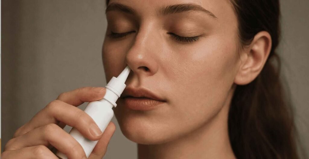 L'immagine illustra una ragazza che spruzza uno spray nasale alla iota-carragenina come prevenzione ai primi sintomi del raffreddore comune