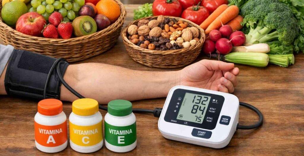 Immagine che illustra un braccio che misura la pressione arteriosa e frutta. versura e frutta secca insieme a tre barattoli di vitamine A, C ed E, efficaci nel trattamento dell'ipertensione