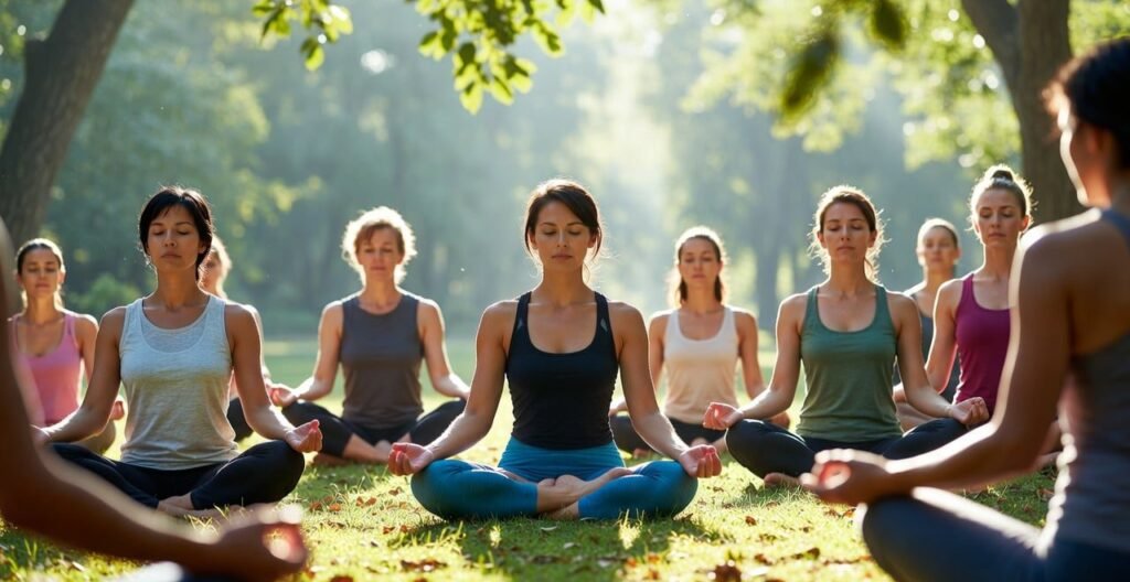 L'immagine illustra una seduta di yoga con le partecipanti in posizione del loto, ad indicare la calma interiore dello stato ventro-vagale descritto nella Teoria Polivagale di Porges