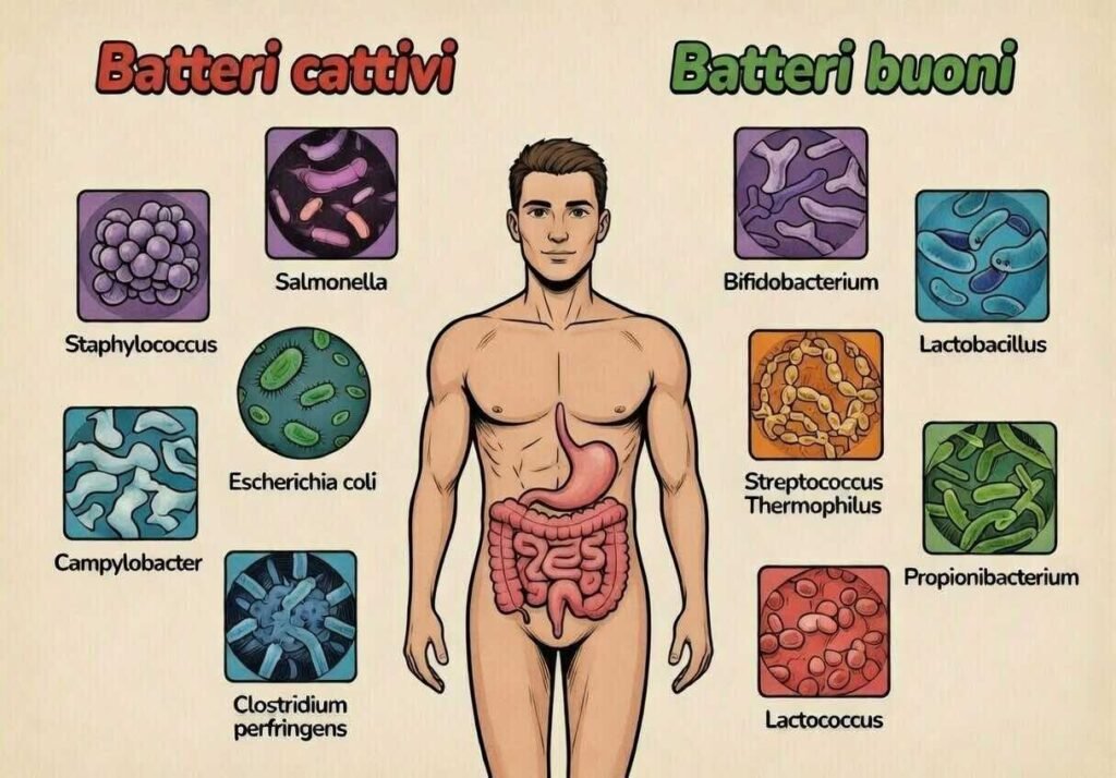 Immagine che illustra la varietà di specie batteriche che popolano l'intestino, suddivise tra "buone" e "cattive"