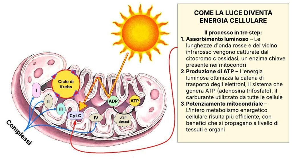 Tavola che illustra l'effetto della luce rossa sul citocromo C dei mitocondri, in grado di generare ATP