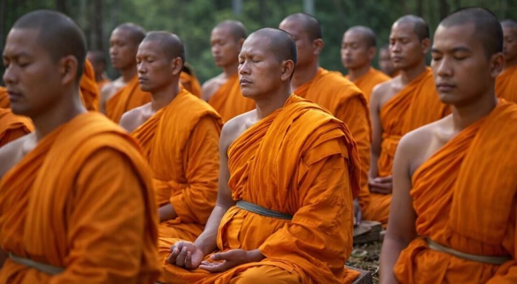 Immagine che illustra un gruppo di monaci tibetani seduti in rituali di meditazione