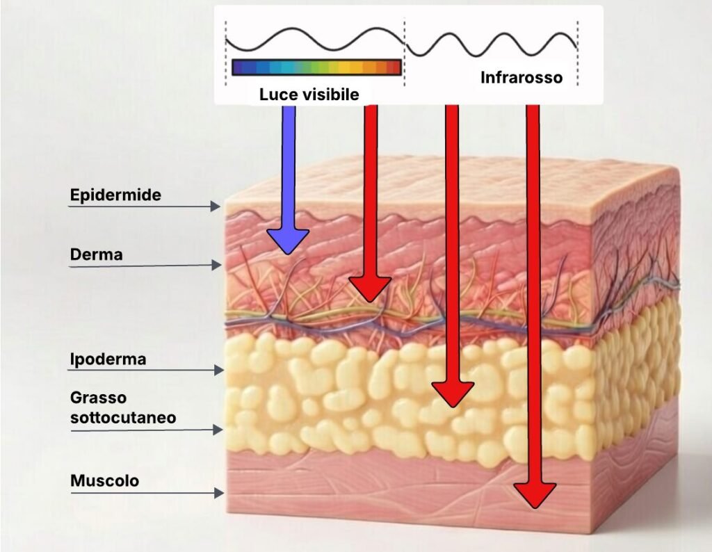 Tavola che illustra le diverse capacità di penetrazione della luce nella pelle, in base alla lunghezza d'onda