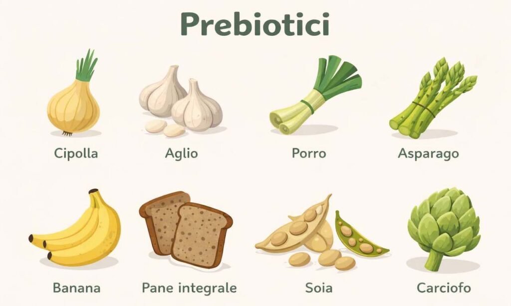 La tavola illustra gli alimenti che influenzano positivamente la flora batterica intestinale