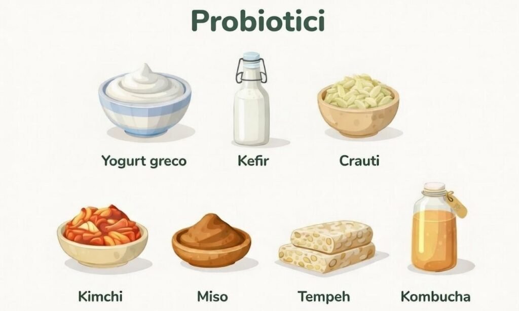 Tavola che illustra gli alimenti fonte di probiotici, importanti per il riequilibrio della flora intestinale