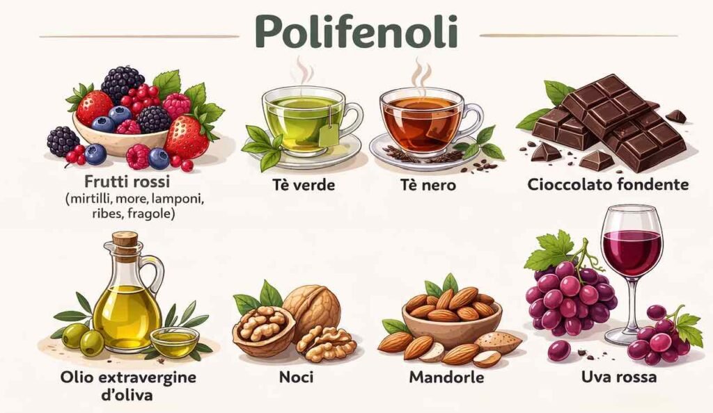 Tavola che illustra gli alimenti fonte di polifenoli, importanti per la varietà della flora intestinale