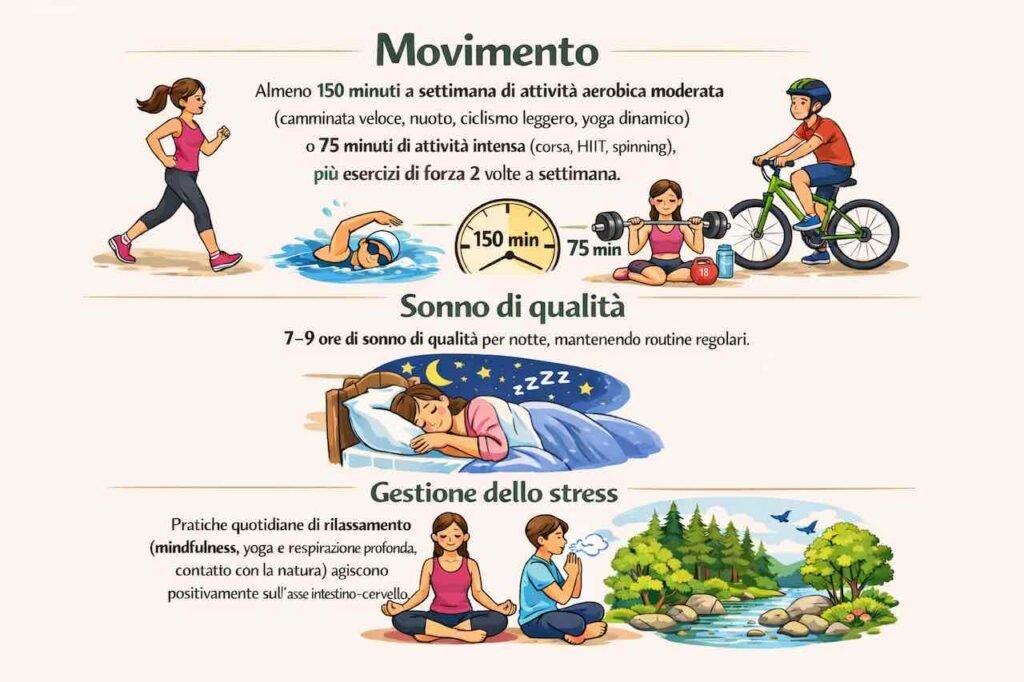 Tavola che illustra lo stile di vita (movimento, sonno regolare, gestione dello stress) oer un microbioma sano