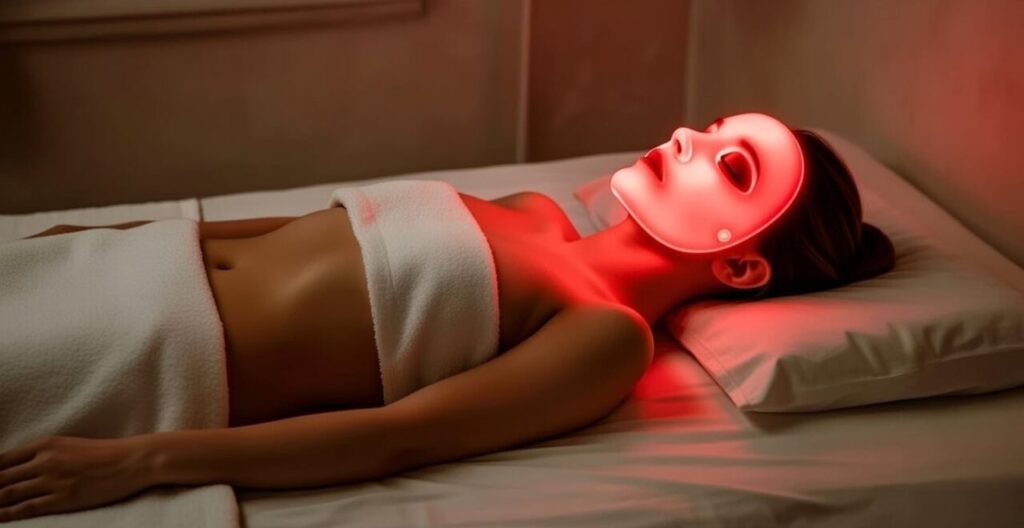 Immagine che illustra una ragazza stesa su un lettino in un Centro Benessere con una maschera per la fotobiomodulazione sul viso