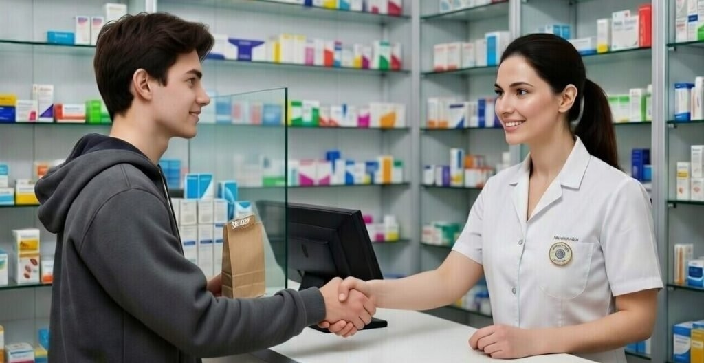 Immagine che illustra un uomo che, al banco di una Farmacia, saluta la farmacista che gli ha consigliato il rimedio più opportuno
