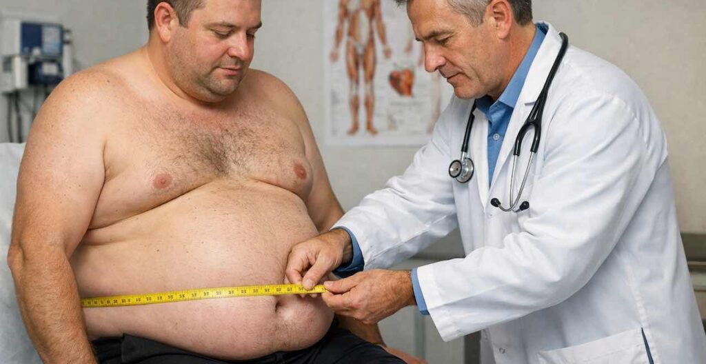 Immagine che illustra una visita medica durante la quale il medico prende la misura della circonferenza addominale di un uomo obeso. Indica le indicazioni dei nuovi farmaci contro l'obesità GPL-1