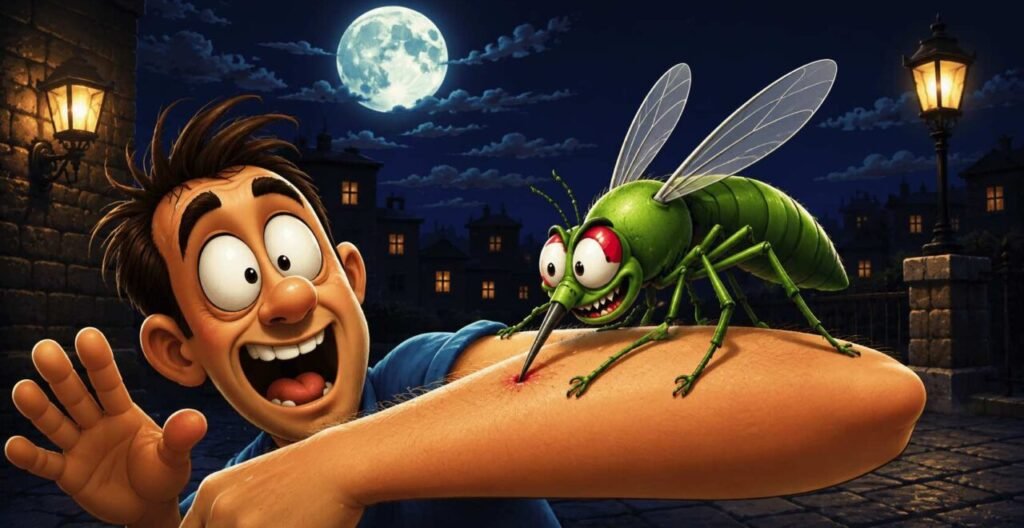 L'immagine illustra in stile cartoon una delle zanzare in giardino che, con sguardo cattivo, punge il braccio di un uomo spaventato