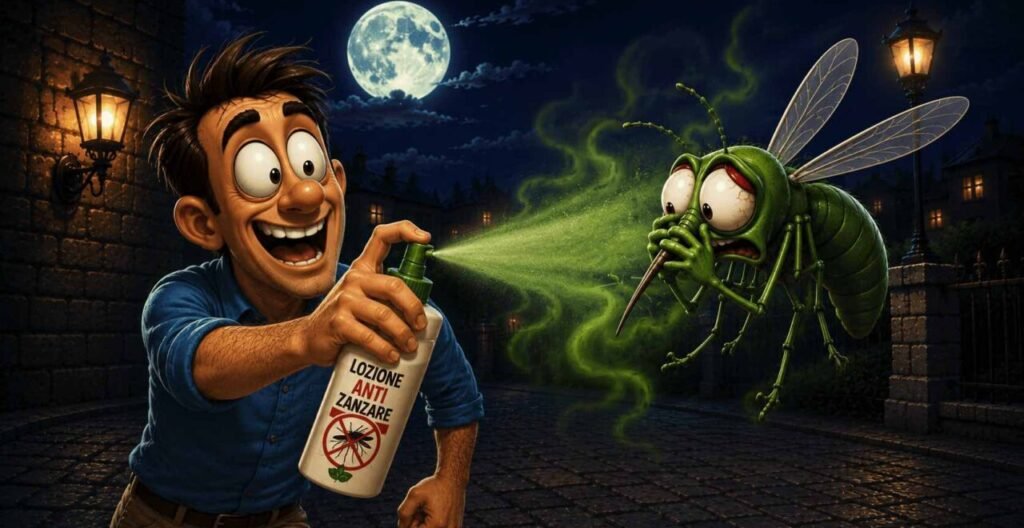 L'immagine illustra in stile cartoon un uomo che spruzza uno spray anti zanzare, e la zanzara che si tura il naso nauseata