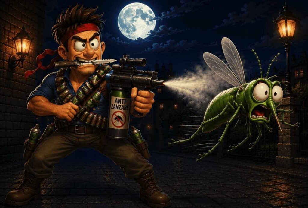 L'immagine illustra in stile cartoon un uomo armato fino ai denti di repellenti per zanzare ed una zanzara soaventata che fugge