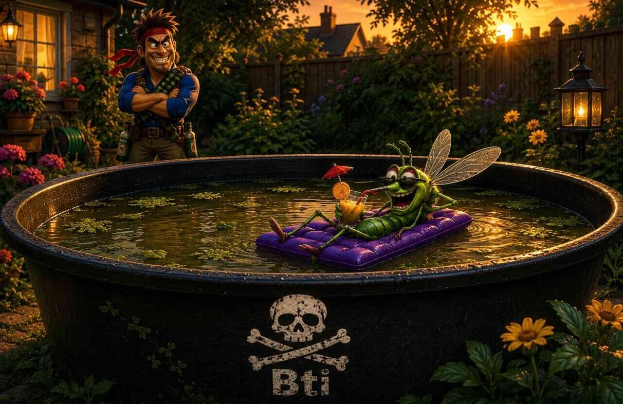 L'immagine illustra una zanzara che se ne sta al sole su un materassino con un cocktail e gli occhiali da sole in una tinozza d'acqua dove un uomo, che guarda con un ghigno soddisfatto, ha messo Bti