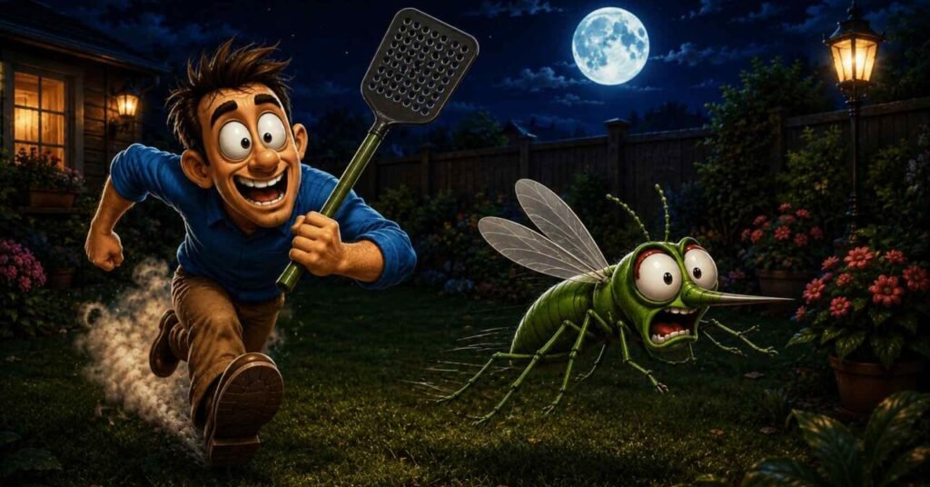 l'immagine illustra in stile cartoon un uomo che rincorre con una paletta una delle zanzare in giardino soaventata