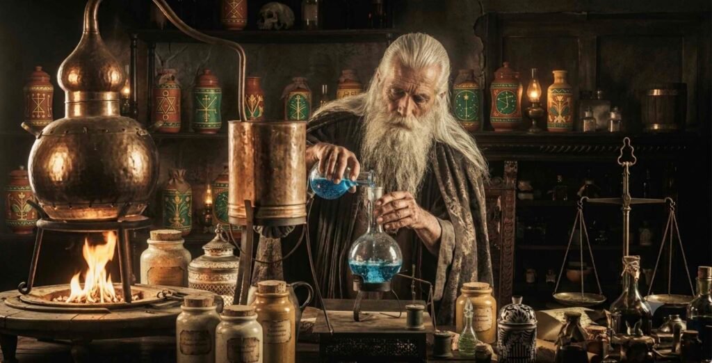 L'immagine illustra un vecchio alchimista tra alambicchi e provette, simbolo del contributo degli alchimisti al metodo scientifico