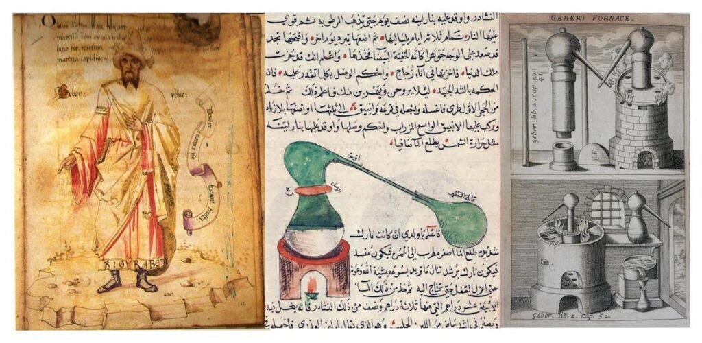 L'immagine illustra un'antica pergamena con il ritratto di Geber, la descrizione di un alambicco e di una fornace di sua invenzione