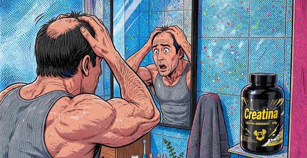 L'immagine illustra, con l'aspetto di un cartoon della Marvel, un bodybuilder muscoloso che assume creatina, ma si spaventa davanti allo specchio pel l'incombente calvizie