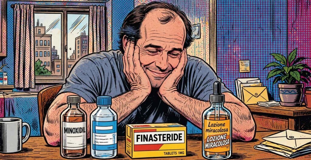 L'immagine illustra un uomo con evidente calvizie, seduto ad un tavolo con davanti alcuni rimedi per la ricrescita