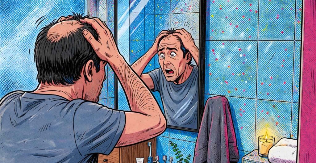 Immagine stile fumetto Marvel che illustra un uomo allo specchio, spaventato per la sua calvizie