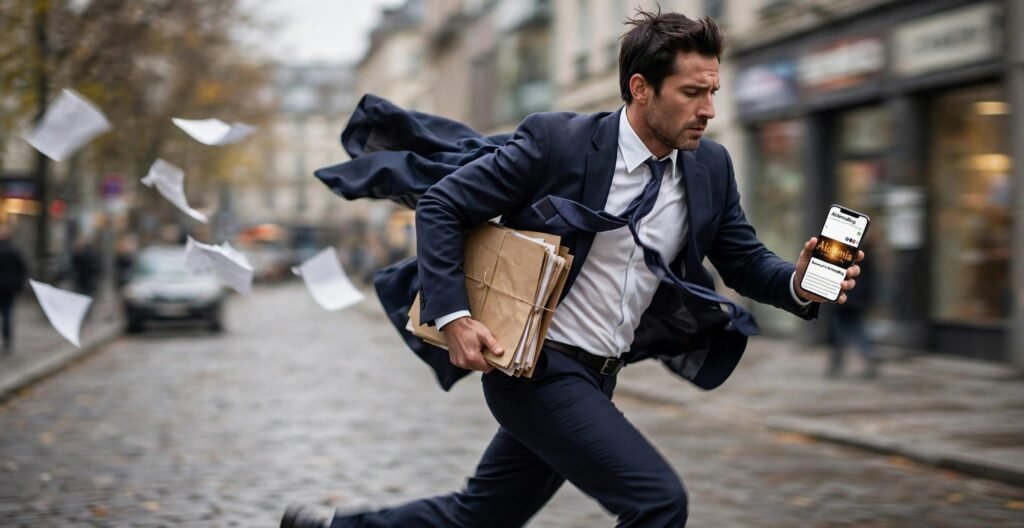 Uomo in abito elegante che corre di fretta per strada con fascicolo sottobraccio e smartphone in mano che mostra il blog AlchimiaBlog, mentre alcuni fogli volano via, a rappresentare chi cerca informazioni scientifiche rapide nella vita frenetica.