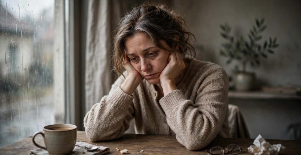 Donna adulta che mostra segni di umore deflesso e affaticamento, seduta sola a un tavolo. L'immagine illustra lo stato emotivo comunemente associato ai sintomi depressivi discussi nell'articolo sul potenziale ruolo della creatina come supporto adiuvante.