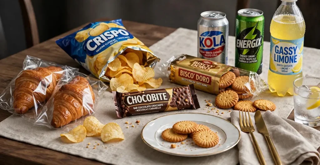 Tavola apparecchiata con selezione di alimenti ultra-processati su tovaglietta in lino: cornetti confezionati, patatine in busta, biscotti frollini, barretta cioccolato e nocciole, lattine di cola ed energy drink e bottiglia di gassosa al limone, con piattino e posate dorate