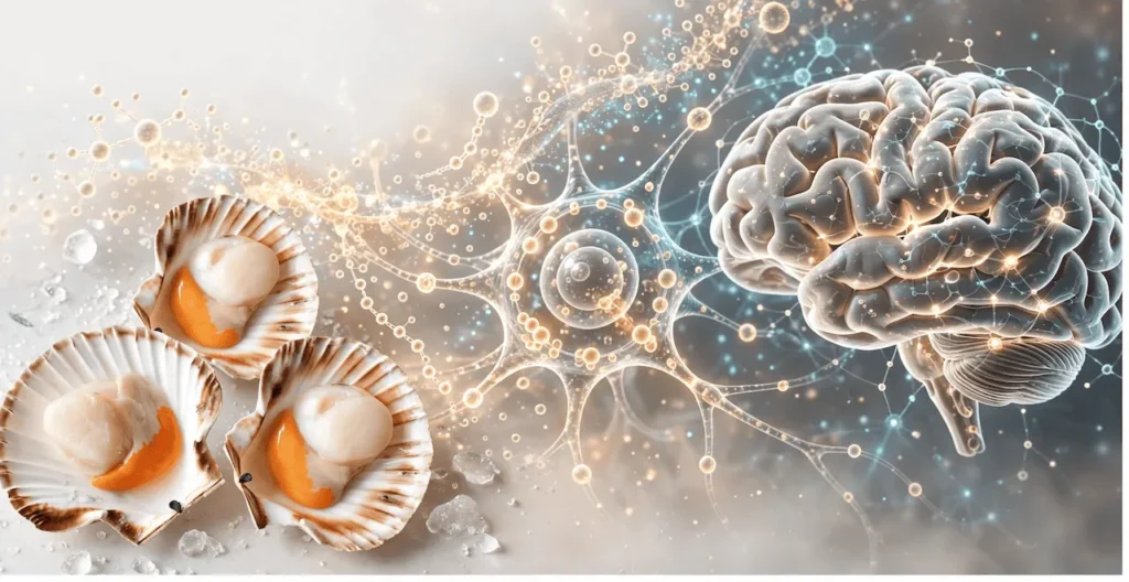 Visualizzazione del percorso di ricerca: dalle capesante, fonte di plasmalogeni, alla membrana delle cellule nervose e al tessuto cerebrale, nell'ambito di uno studio sul possibile ruolo dei plasmalogeni nella memoria verbale
