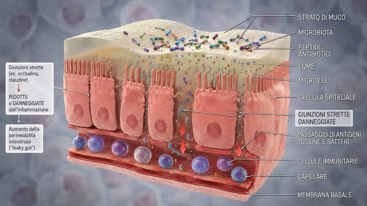 Illustrazione dell’intestino permeabile con giunzioni strette danneggiate dall’infiammazione dovuta ad alimenti ultra-processati, passaggio di batteri e antigeni attraverso la barriera intestinale e attivazione delle cellule immunitarie