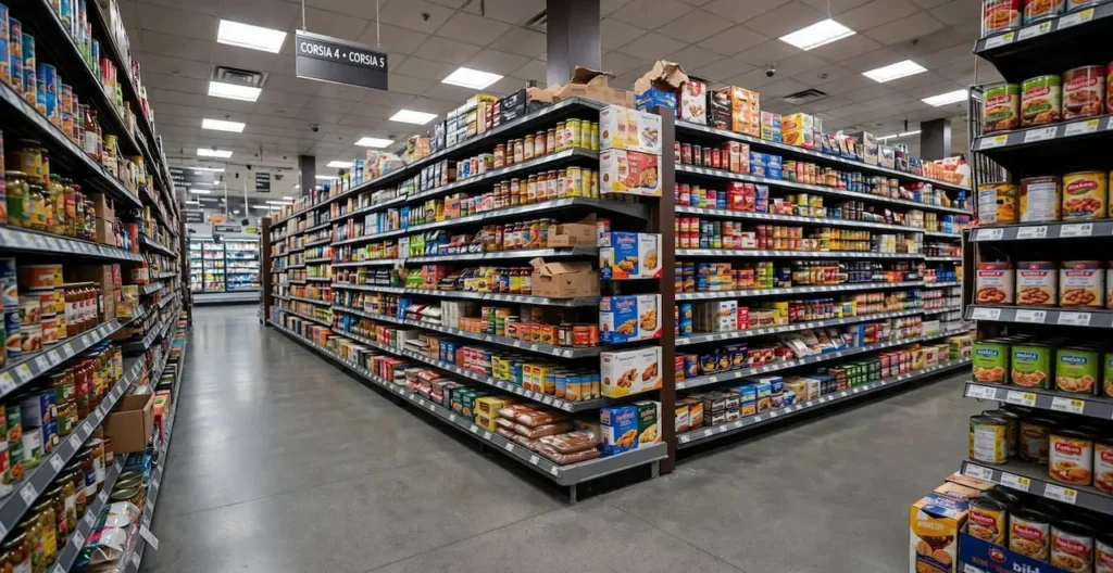 Scaffali di supermercato stracolmi di alimenti ultra-processati: scatolette, lattine e confezioni di prodotti industriali in conserva allineati in una corsia del reparto alimentare