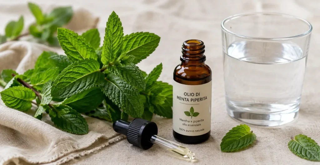 Menta piperita e pressione arteriosa: foglie fresche, olio essenziale con contagocce e bicchiere d’acqua su tovaglia di lino