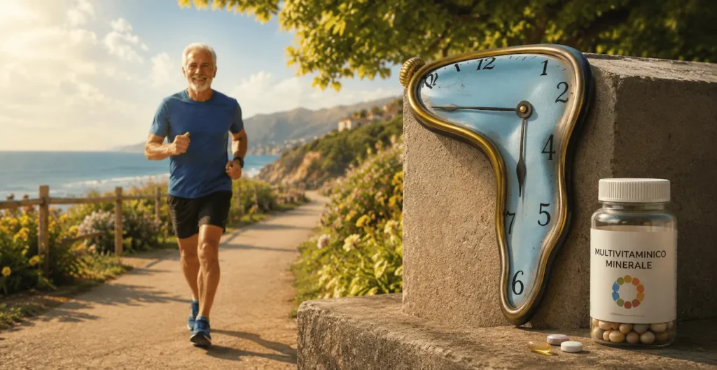 Orologio deformato in stile surrealista appoggiato a un muretto, accanto a un flacone di multivitaminico, con un uomo anziano che fa jogging sullo sfondo, a simboleggiare il rallentare dell'invecchiamento