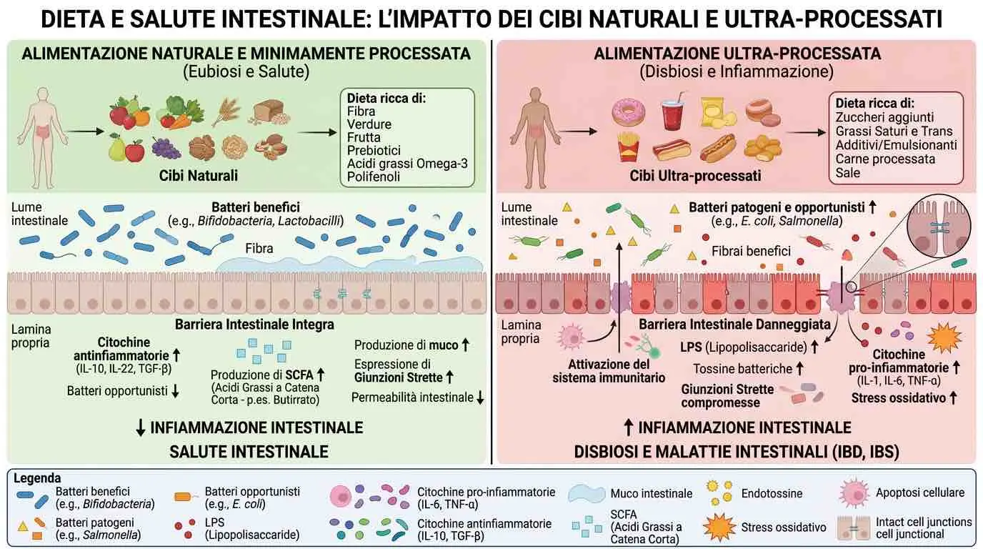 Infografica sulla disbiosi intestinale e microbiota: a sinistra alimentazione naturale ricca di fibre e prebiotici con batteri benefici Bifidobacteria e Lactobacilli, barriera intestinale integra e produzione di SCFA; a destra alimentazione ultra-processata con batteri patogeni E. coli e Salmonella, barriera danneggiata, aumento di LPS, citochine pro-infiammatorie IL-6 e TNF-alfa e infiammazione intestinale