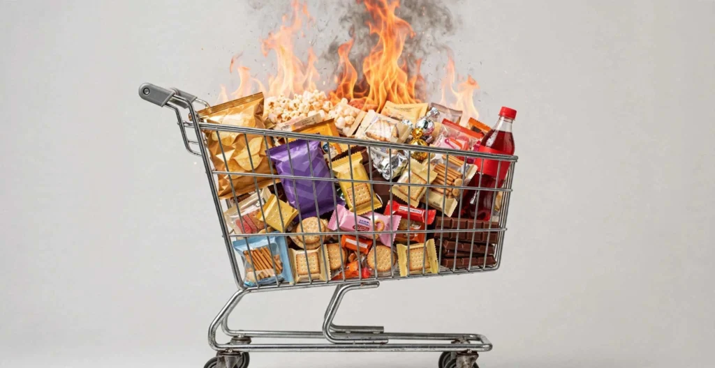 Carrello della spesa stracolmo di cibi ultra-processati, snack e bibite con fiamme che si alzano dal carrello, metafora visiva di infiammazione e danno da dieta scorretta legato a disbiosi intestinale e microbiota