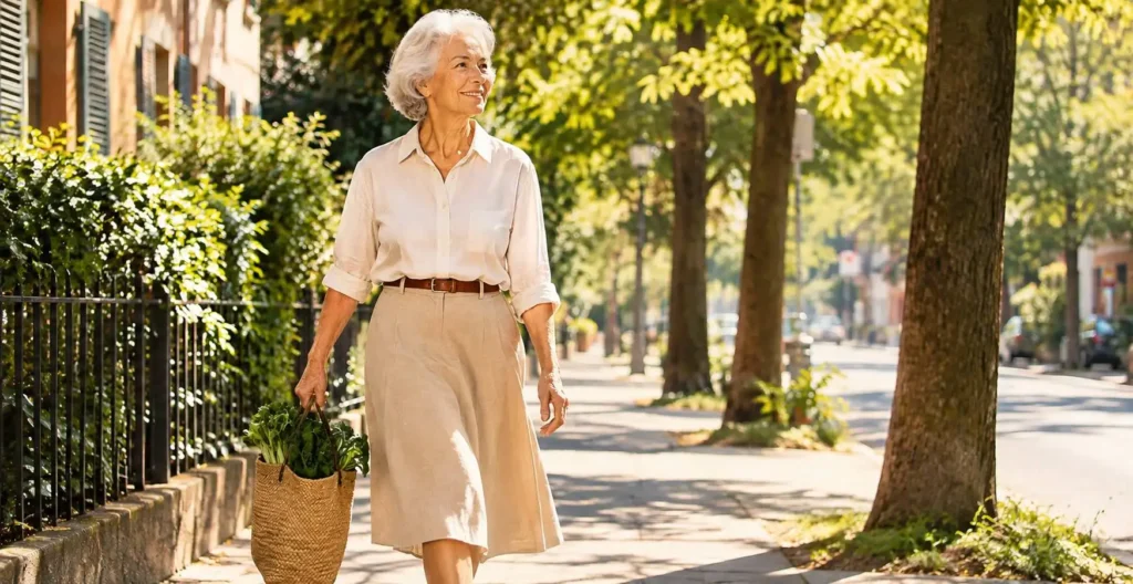 Persona anziana che cammina all'aperto, simbolo della prevenzione di fratture con calcio e vitamina D