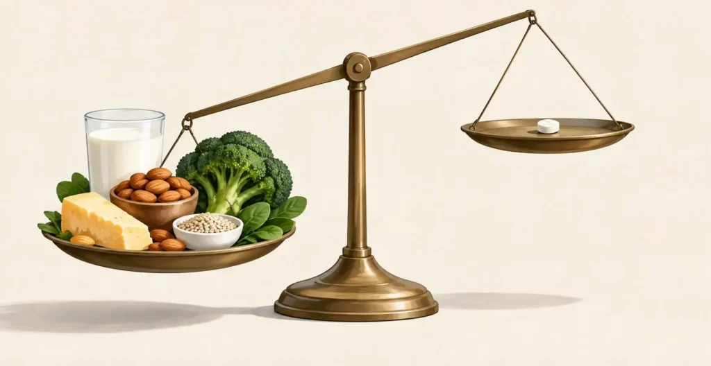 Una bilancia a due piatti stilizzata, da un lato un piatto con cibi ricchi di calcio (latte, mandorle, broccoli), dall'altro una singola compressa isolata più piccola e in disequilibrio verso il basso. Illustrazione editoriale per rendere visivamente l'idea che l'alimentazione pesa di più dell'integratore nella prevenzione.