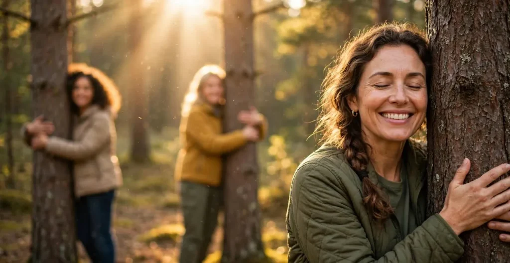 Donna sorridente con occhi chiusi abbraccia un albero durante sessione di forest therapy in oncologia, connessione con la natura con pulviscolo dorato illuminato dal sole
