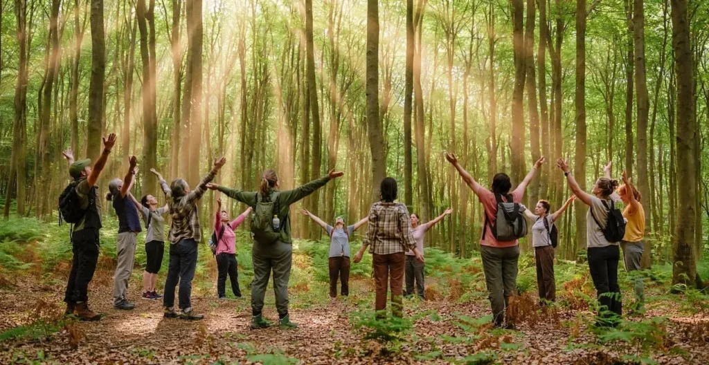 Gruppo di donne in cerchio nella faggeta durante sessione di forest therapy in oncologia, con braccia alzate per esercizio di respirazione consapevole e luce solare che filtra tra gli alberi