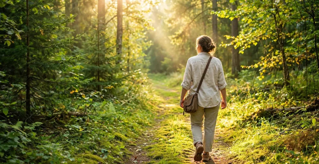 Donna in un percorso di forest therapy in oncologia in un bosco al mattino d'estate